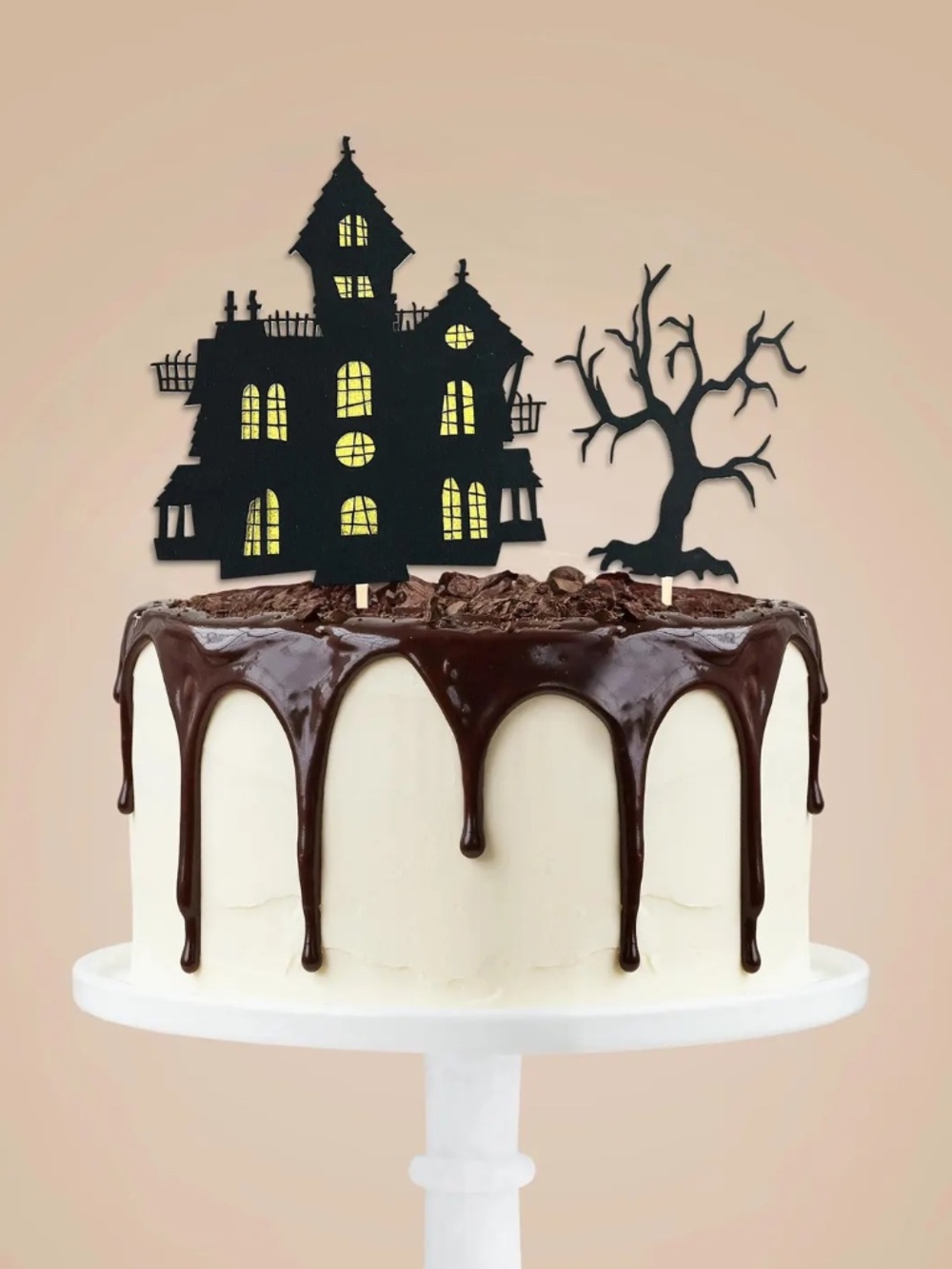 Glitter HAUNTED MANSION with TREE Design Halloween Cake Topper 7" Tall